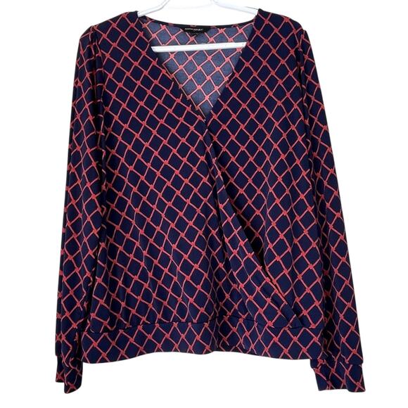 Banana Republic Navy / Red Patterned Long Sleeve V-Neck Blouse Size Large - Picture 1 of 10